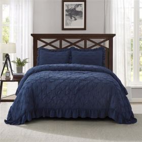 3 Piece Lace Ruffled Embroidered French Pastoral Style Comforter Set-Navy