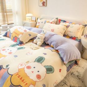Winter Milk Four-piece Set Thickened Coral Velvet Double-sided (Option: Rainbow Rabbit-1.8m flat sheet)