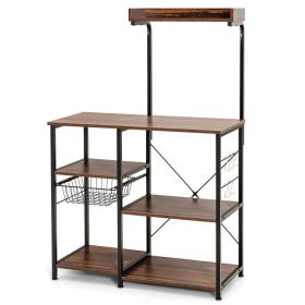 4-tier Kitchen Baker's Rack with Basket and 5 Hooks (Color: Dark brown)
