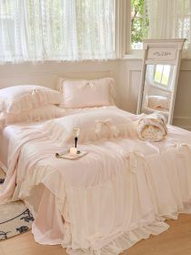 Pure Color Ruffles Princess Style Summer Quilt Tencel Summer Cooling Duvet Airable Cover Four-piece Set (Option: Light Pink-Four Pieces 220 × 240)
